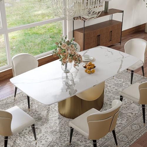POVISON Esstisch modern 180cm für Esszimmer weiß aus Sinterstein, Marmor Küchentisch Beine aus Bronze Karbonstahl, minimalistisch Esstisch für 6 Personen,einfache Installation(ohne Stühle)