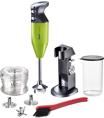bamix Stabmixer Set M200 Chef's favorite inkl. Ständer, 1 Becher, 3 Aufsteckteile, Hacker, Reinigungsbürste, 200 Watt, Made in Switzerland, Lime/Chrom