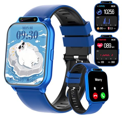 Kids Waterproof Smart Watch Boys with Fitness and Sleep Trackers, Sports Waterproof Watch with Alarm Clock, Games, HD Camera, Music, Recorder, Heart Rate and SpO2 Monitor, Gifts for Kids 5-14 (Blue)