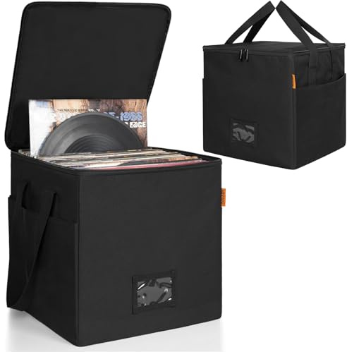 Vinyl-Schallplatten-Aufbewahrungsbox mit Reißverschlüsse,Schwarz Groß | Klappbare Plattenkoffer für LP-Schallplatten-Aufbewahrung,für 12 Schallplatten, Hält bis zu 60+ einzelne Schallplatten