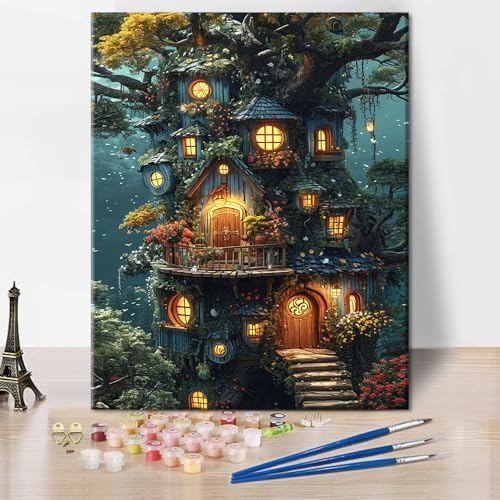 TISHIRON Baumhaus Malen nach Zahlen Erwachsene, Fantasy Waldschloss Kunst