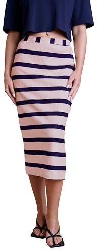 Enorsia Womens Striped Midi Skirt, Ribbed Jersey Side Slit Skirt with Elastic Waist, Skinny Fit Stretch Cotton Skirt, Womens Skirts for Women UK, Ladies Summer Skirt - Purple & Navy, 14 UK Size