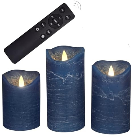 Navy Blue Real Wax Battery Operated Flameless Candles Remote Timer 3 Pack | CANDLE CHOICE Realistic Flickering Electric LED Pillars for Wedding Halloween Christmas Decorations Rustic Texture 3”x4,5,6”