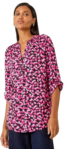 Roman Originals Shirt for Women UK Ladies Top Collarless Blouse Stretchy Tunic Smart Casual Autumn Winter Jersey 3/4 Length Sleeve Notch V Neck Flattering Office Work - Pink Noir - Size 20