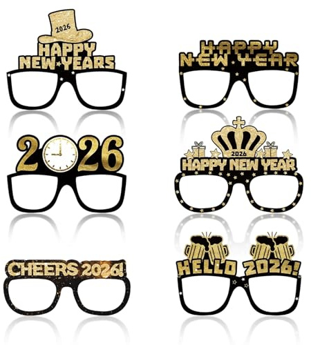 6 Pcs New Years Eve Decorations 2026 Glasses,Happy Year Decoration Photo Booth Props Supplies Year's Accessories Eyeglasses,Gold Black Decoratio Eyeglass,Selfie Prop,for Newyear's Day Party Gift Decor