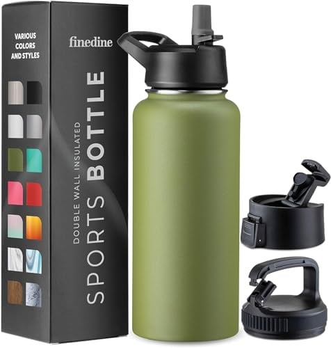 Triple Walled, Insulated Water Bottles with Straw Lid/Flip Top Lid/Wide Mouth Cap - Stainless Steel Metal Bottle for Travel, School, Sports, Gym (Army Green, 950 ml)