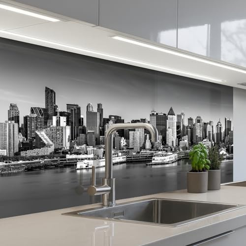 KitchenYeah© Küchenrückwand Selbstklebende Kitchen Wall Protector Küchen | 60x100 cm - Rückenwand Küchenfronten Küchenrückwände Küche Wand Skyline - Stadt - Wolkenkratzer - Schwarz - Weiß