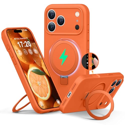 PuyaTeya Liquid Silicone Hülle für iPhone 17 pro MAX mit Magnetisch Ring Ständer, Upgraded Kameraschutz Mil-Grade Drop Shockproof Anti-Scratch Microfiber Lining Silikon hülle(Orange)