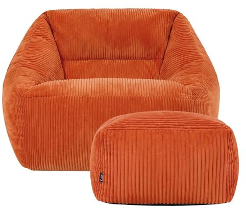 icon Natalia Cord Bean Bag Chair with Footstool, Orange, Large Adult Bean Bag with Filling Included, Comfy Chair, Armchair, Living Room, Living Room Furniture, Bedroom Furniture