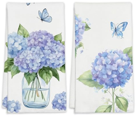 LUOENY 2 Pack Tea Towels Hydrangea Vase Butterfly Kitchen Towel Bathroom Decorative Dish Cloths for Kitchen Bathroom Home Cooking Housewarming Gifts, 45x60 cm