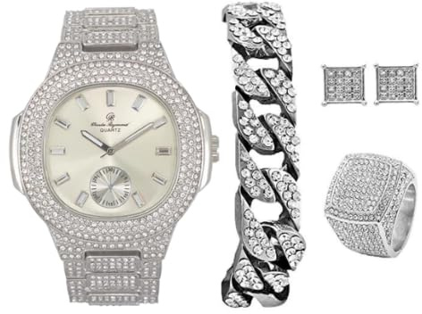 Charles Raymond Bling-ed Out It's Lit! Hip-Hop-Uhr und Schmuck-Set mit kubanischem Kettenarmband, Drachenbling-Ohrringen und Ring – GJM13, ST10235VO glänzendes Silber, 12, Casual