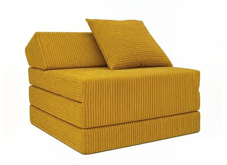 FORTISLINE - Klappmatratze 200x70x10cm mit Kopfteil & Kissen – Gästebett ausklappbar für Kinderzimmer & Camping Matratze Schaumstoff – Faltmatratze tragbar – Faltbare Matratze aus Cord – Honigfarben