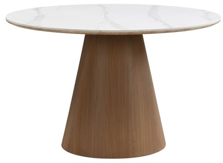 FineBuy Esstisch rund 120cm mit weißer Sinterstein Tischplatte in Marmor Optik - Esszimmertisch Küchentisch für 6 Personen modern - Design Tisch Metallgestell Walnuss-Optik Esszimmer Küche