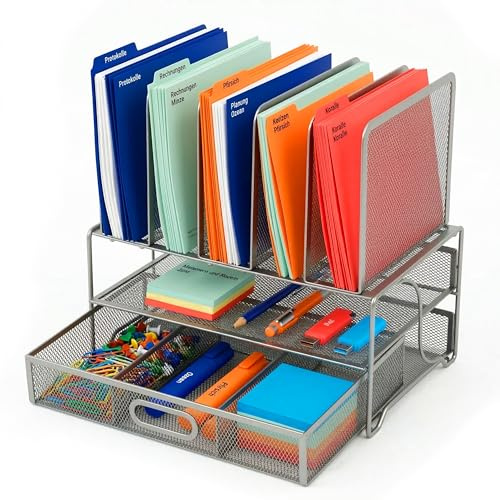 Relaxdays Schreibtisch Organizer, Ordnerhalter mit Schublade & 6 Ablagen, Büro, HBT: 36 x 35 x 24,5 cm, Metall, Silber