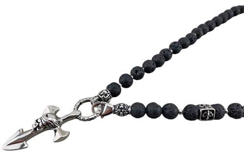 Y-Kette Rosenkranz Perlenkette aus Lavaperlen in schwarz, Schmuck für Männer mit Anhänger, Bikerschmuck Rocker Totenkopf Skull Anker Kreuz K75L