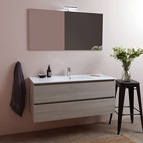 KIAMAMI VALENTINA - Hängeschrank 120 cm mit Einzelwaschbecken | Löwe Ulme Holzoptik | Keramik Waschbecken mit Überlaufloch | Spiegel 120x60 mit LED-Lampen, Ulme Löwe, 120 cm + 1 Waschbecken, Holz