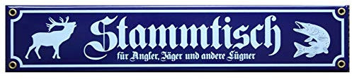 Stammtisch für Angler, Jäger und andere Lügner Emaille Schild 8 x 40 cm Emailschild blau.