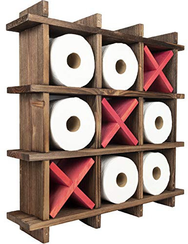 EXCELLO GLOBAL PRODUCTS Rustikaler Toilettenpapierhalter aus Holz: Tic Tac Toe-Design für Wandmontage oder freistehende Toilettenpapierrollen-Aufbewahrungs-Organizer