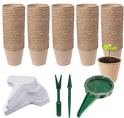 Woohome 153 Pz Macetas de Semillas Biodegradables, 100 Pz Semilleros Biodegradables Macetas de Turba para Las Plántulas, Etiquetas de Plástico, Herramientas de Transplantación para Plantas