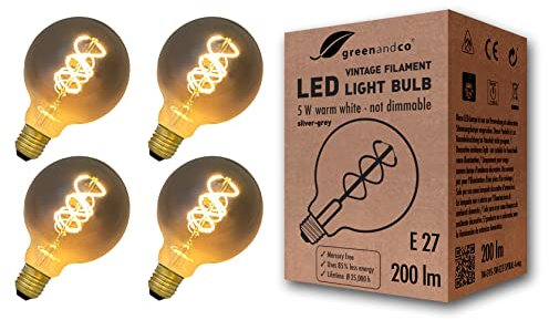 greenandco 4x Vintage Glühfaden LED Kerze | silbergrau | E27 G95 | 5W 200lm | 1800K extra warmweiß | 360° | 230V | flimmerfrei | nicht dimmbar