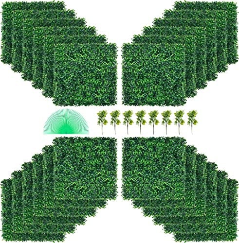 VEVOR 24 Pezzi Artificiali Pannello da Siepe di Bosso, 50,8 x 50,8 cm, Recinzione, Edera Finta Effetto Realistico Decorazione Plastica Verde, Spessore da 4 cm