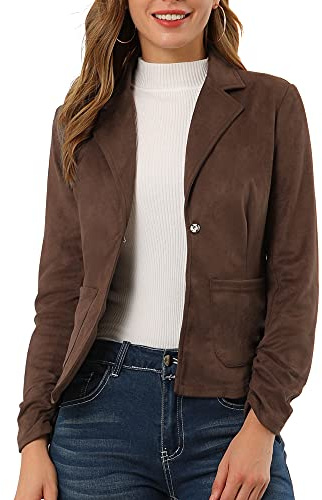 Allegra K Damen Faux Suede Blazer Casual | Wildlederimitat, Taschen, Reverskragen, Herbst-Wintermantel, gerüschte Ärmel, Western, Blazer mit einem Knopf