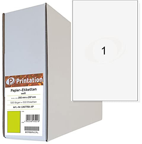 Printation Universal-Etiketten 200 x 297 mm (DIN A4) weiß - 500 A4 Bogen Bigpack mit 500 Etiketten selbstklebend bedruckbar mit Rand 200x297 1x1 Papier Klebeetiketten A4 Haftetiketten Etikettenpapier