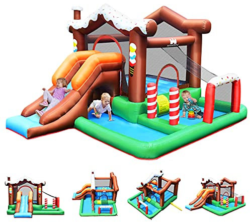 GOPLUS Castillo Hinchable, Inchable Infantil Interior Exterior, Cosido de Material Extra Rueso, Ninos Adecuado de 3 a 10 Años, Con Tobogán, Zona de Salto, 380 x 330 x 220 cm