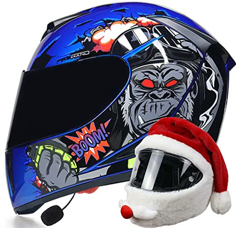 DOPORA Bluetooth-Motorradhelm ECE-geprüft für Erwachsene Männer Frauen, modularer Integralhelm Vollvisier-Anti-Fog-Helm mit Weihnachtsmütze Bluetooth-integrierter Motorradhelm,5,XXL