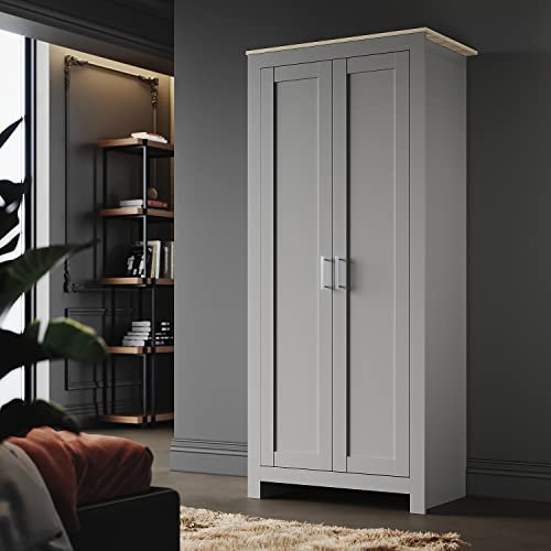 ELEGANT Grey Oak Clothes Cupboards with Large Storage Unit 2 Door Wardrobes with Long Bar for Living Bedroom