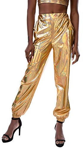 Damen Metallic Hose Glänzend Wetlook Cargohose Sporthose 80er Jahre Kleidung 90er Jahre Outfit Hologramm Hip Hop Leggings Jogginghose Sweathose Tanzhosen Party Disco Nachtclub Clubwear Golden M