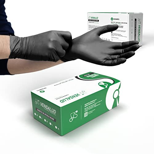 VENSALUD | Gants NITRILE jetables | Sans poussière | Résistant | Pour laboratoires, sanitaires, cuisine, studios de tatouage, vétérinaire, nettoyage, examen | Sans latex | 100 pcs. | Noir | Taille M