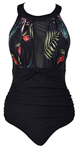VILOREE Damen Schlankheits Badeanzug Raffung Einteiler High Neck Bademode Strandmode Blumen #2 M
