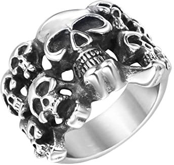 Bague Homme Acier Inoxydable, Anneau Multi Têtes de Mort Large 19.2mm Punk Taille 71
