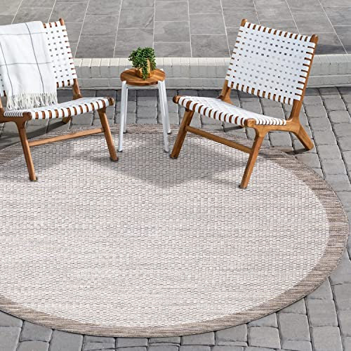 payé Outdoor Teppich Rund - 160x160cm - Wetterfest - Beige Weiß - Bordüre - Teppiche für Terrasse Balkon Garten Indoor