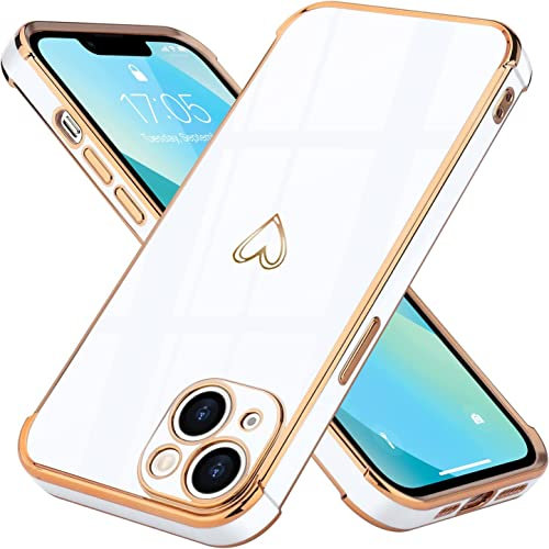 LIUKM Funda Compatible con iPhone 14 Plus para Niñas y Mujeres, Antigolpes Carcasa Flexible de Silicona Suave con Diseño de Corazón Lindo Marco Dorado Cubierta Protectora - Blanco