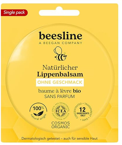 BEESLINE Organic Lip Balm Flavor Free im Döschen, für trockene Lippen, hochwertiger Lippenbalsam mit Bienenwachs und Sheabutter, Lippenpflege mit Beeswax, beegan