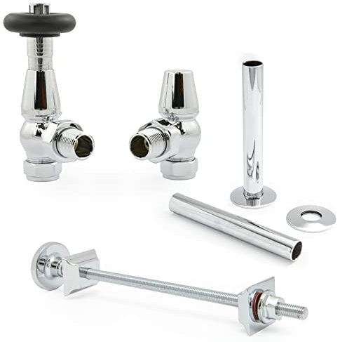 Hot Flow | Jordan Traditional Thermostatic Radiator Valve (Angled TRV) (Chrome with Wall Stay and Sleeve)