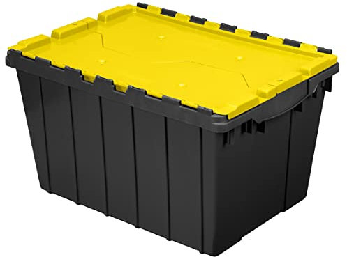 Akro-Mils 66486 12-Gallon Plastic Stackable Storage KeepBox Tote Container with Attached Hinged Lid, 21-1/2-Inch x 15-Inch x 12-1/2-Inch, Black/Yellow
