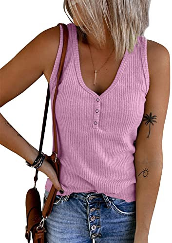 Tuopuda Camiseta sin Mangas para Mujer Verano Costilla de Punto Tank Mujer con Cuello en V Casual Tops Liso Slim-fit Tank Elásticas Botones Camisole Cami Tops(Morado,L)