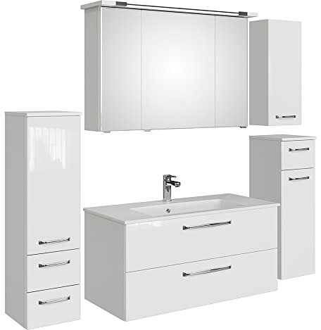 Lomadox Badezimmer Komplett Set mit Mineralmarmor Waschtisch Spiegelschrank Midischrank Hängeschrank Unterschrank in weiß Glanz, B/H/T: ca. 197/200/50 cm