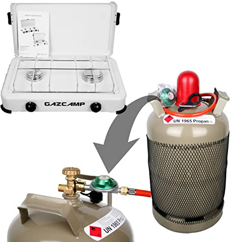 Gazcamp 11 kg Gasflasche Propangasflasche (Eigentum/ungefüllt) Campingkocher Gaskocher 2,4 kW 50 mBar 2 Fl. Gasschlauch Druckminderer Flaschenschlüssel