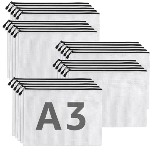 JMIATRY A3 Zip Plastic Wallets, 25 Pcs A3 Zip Lock Bags Mesh Document Wallet Bürobedarf Mappen Ordnersystem Akten, A3 Zip Wallets for School Office Homework Travel Storage Bags, Black