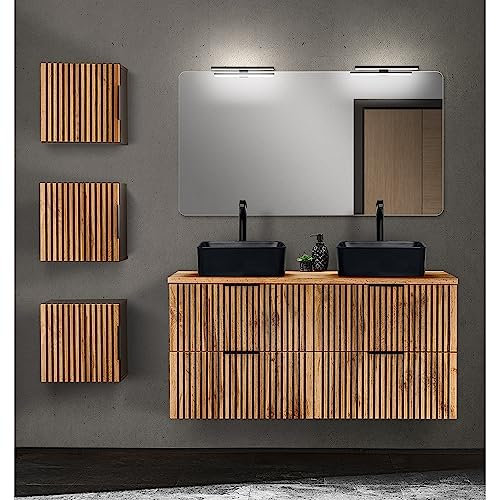 Lomadox Badmöbel Set mit 3X Hängeschränk Doppelwaschtisch 121 cm Keramik Aufsatzwaschbecken Spiegel LED Aufbauleuchte anthrazit Wotan Eiche Nb. Front Rillen schwarz