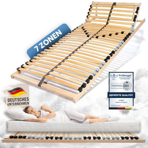 Coemo Lattenrost mit verstellbarem Kopfteil - 90 x 210 cm Bettrost mit 30 Leisten, 7-Zonen, Einstellbarer Härtegrad - für alle Matratzenarten | Schlaftypen auch für Doppelbetten 180x210 cm