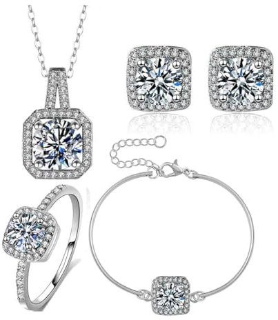 TOEECY Quadratischer Zirkonia Schmuckset Halskette Ohrringe Armband Ring Kristall Brautschmuck Silber Glänzend Damengeschmeide Hochwertig Elegant