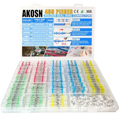 455pcs Heat Shrink Self Soldering Butt Connectors Solder Seal Wire Connector Kit Waterproof Wire Solder Stick Splice Connector for Marine Electric Vehicles (5 Colors/5 Sizes/26-10 Gauge)