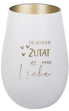 Der-Porzellan-Laden Windlicht mit Gravur Die geheime Zutat ist Immer Liebe, Weiß Gold, Teelichthalter aus Glas mit Spruch, Tischdeko modern