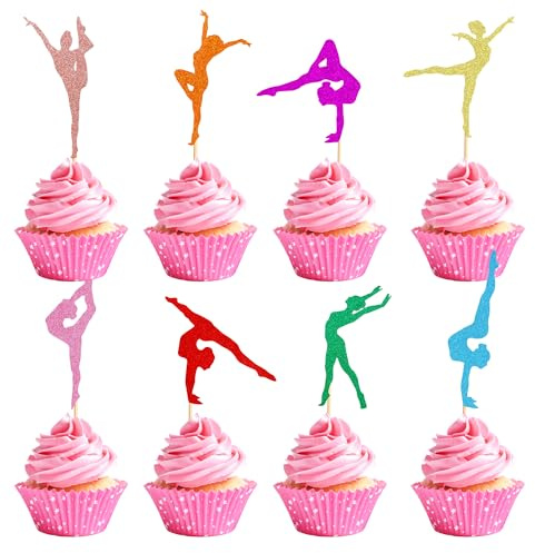Arthsdite 24Pcs Gymnastics Cupcake Toppers Gymnast Girl Cupcake Picks Toothpicks Colorful Gymnastics Silhouette Cake Decorations for Food Fruit Dessert Gym Theme Birthday Party Favors Supplies