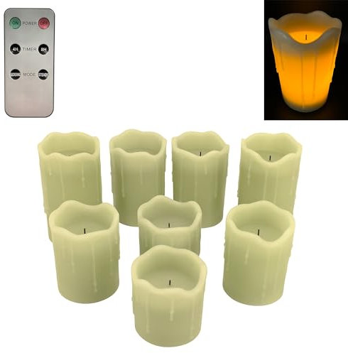 Online Fuchs 8 LED Kerzen aus Echtwachs mit Wachstropfen, Fernbedienung und 6 Stunden Timerfunktion - Stumpenkerzen Set (Salbei Grün)
